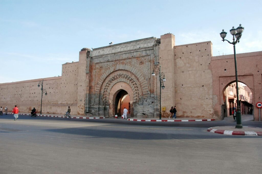 Historic city gate in Marrakech, showcasing traditional Moroccan architecture.