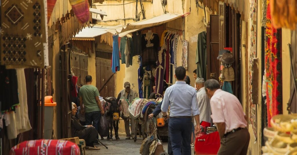 Explore the vibrant street market in Fes, Morocco, showcasing local culture and commerce.